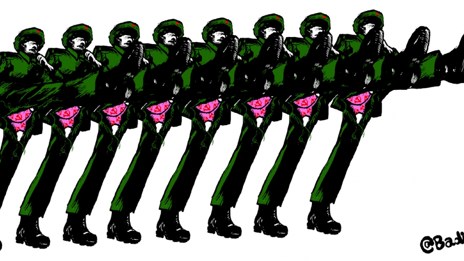 Badiucao's political cartoon titled, "Parade." It depicts soldiers high-stepping in formation and exposing their pink underwear. (September 2nd, 2015.)
